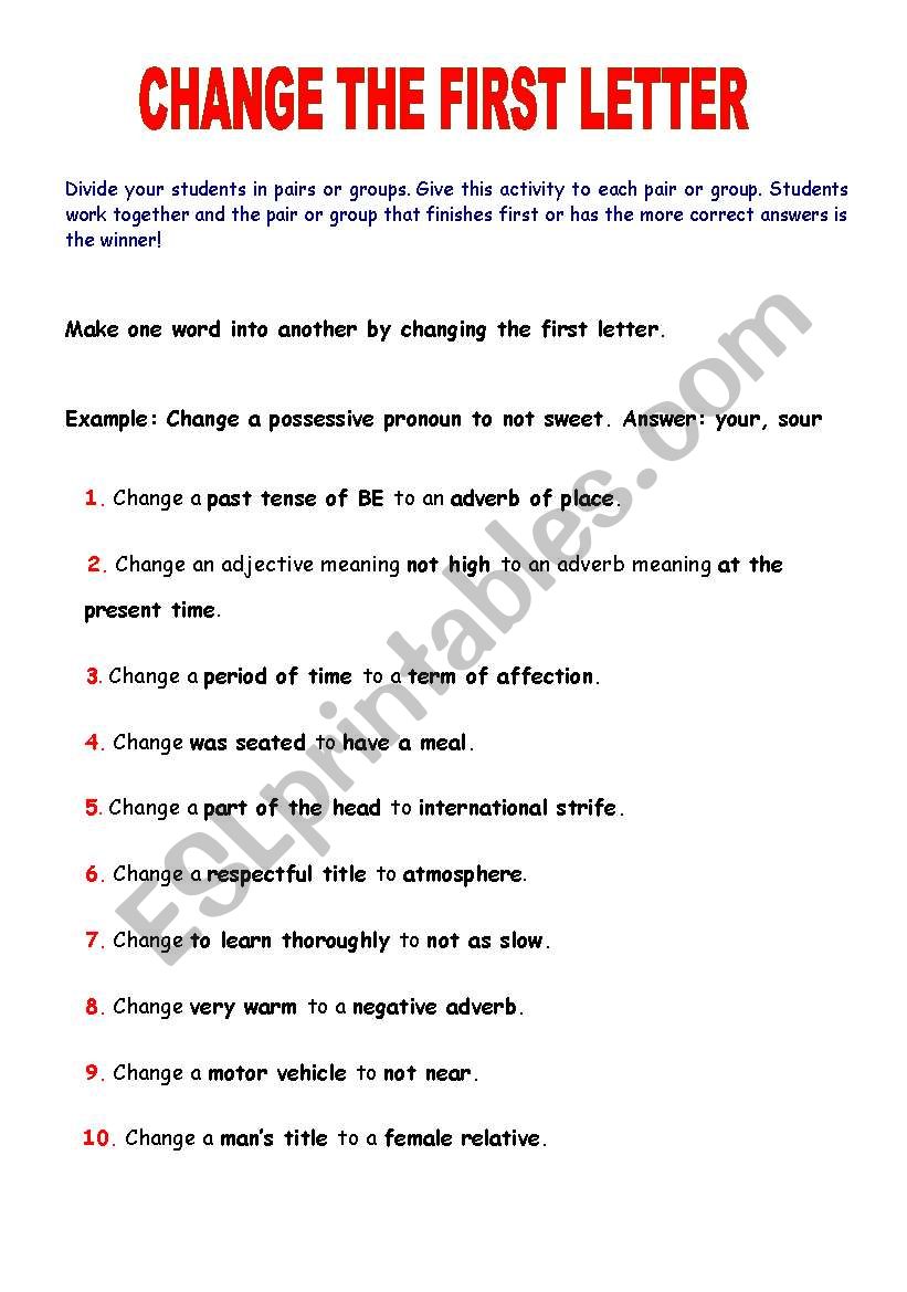 CHANGE THE FIRST LETTER worksheet