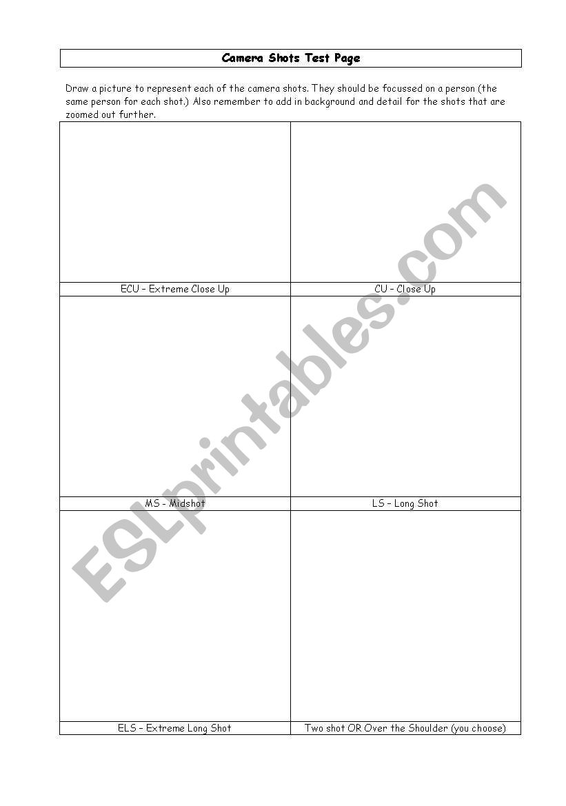 Camera shots test (drawing) worksheet