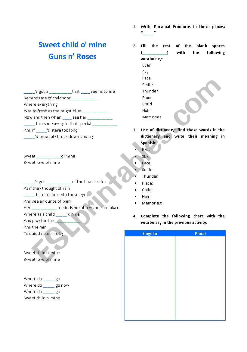 Song Sweet Child o mine - Personal Pronouns - Plural-Singular Nouns - ESL  worksheet by Ava424