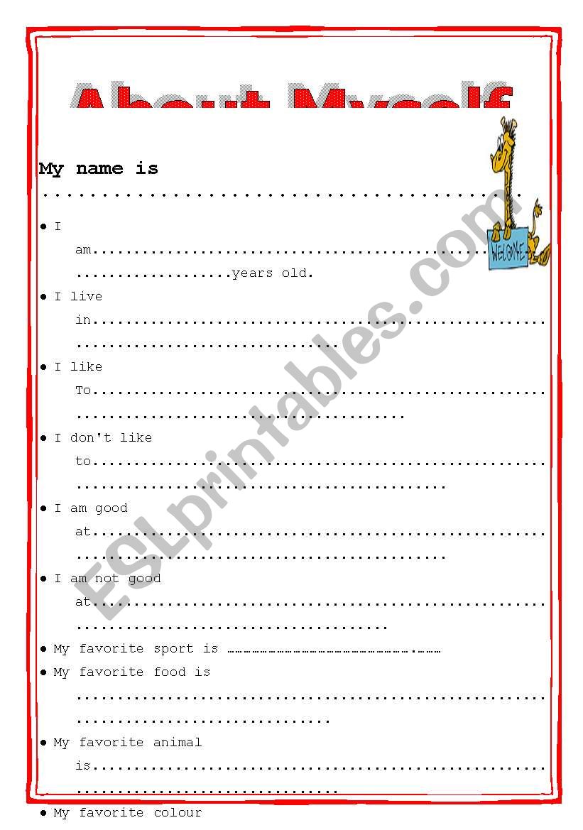 About Myself worksheet