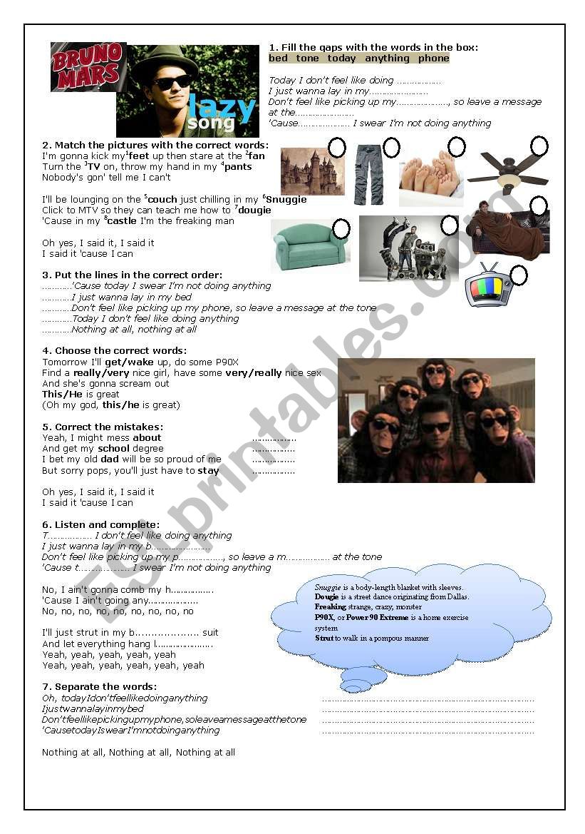 Bruno Mars - The Lazy Song worksheet