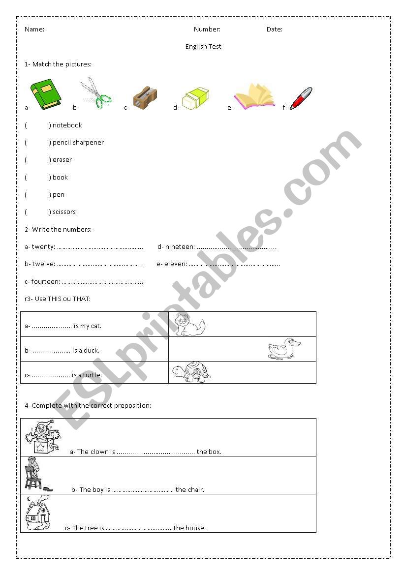 Test about school objects, this and that, prepositions of place and numbers