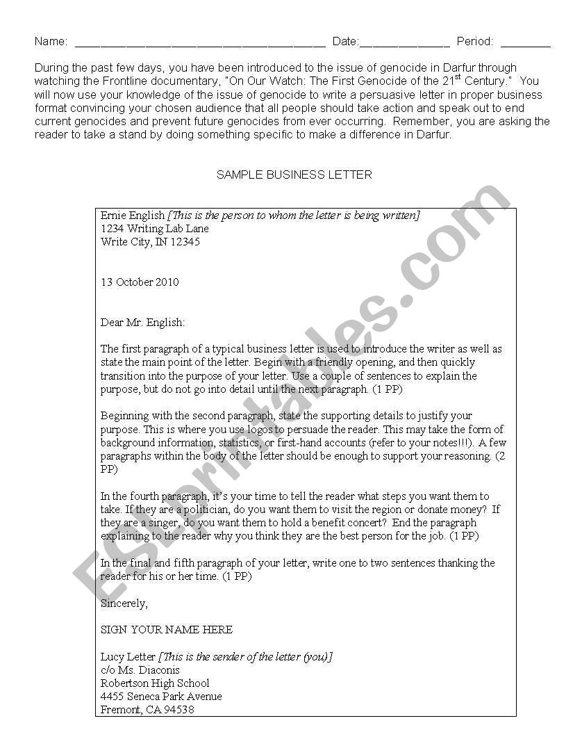 Persuasive Business Letter Sample from www.eslprintables.com