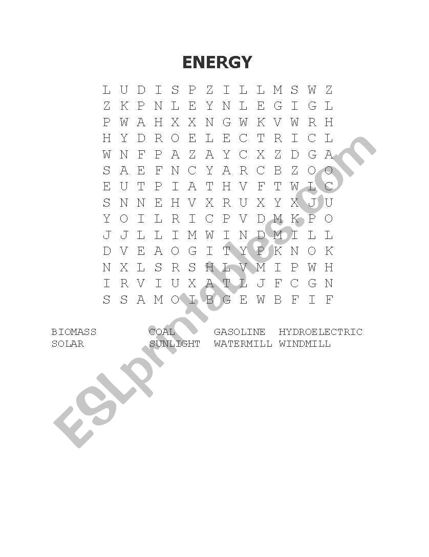 ENERGY word search worksheet