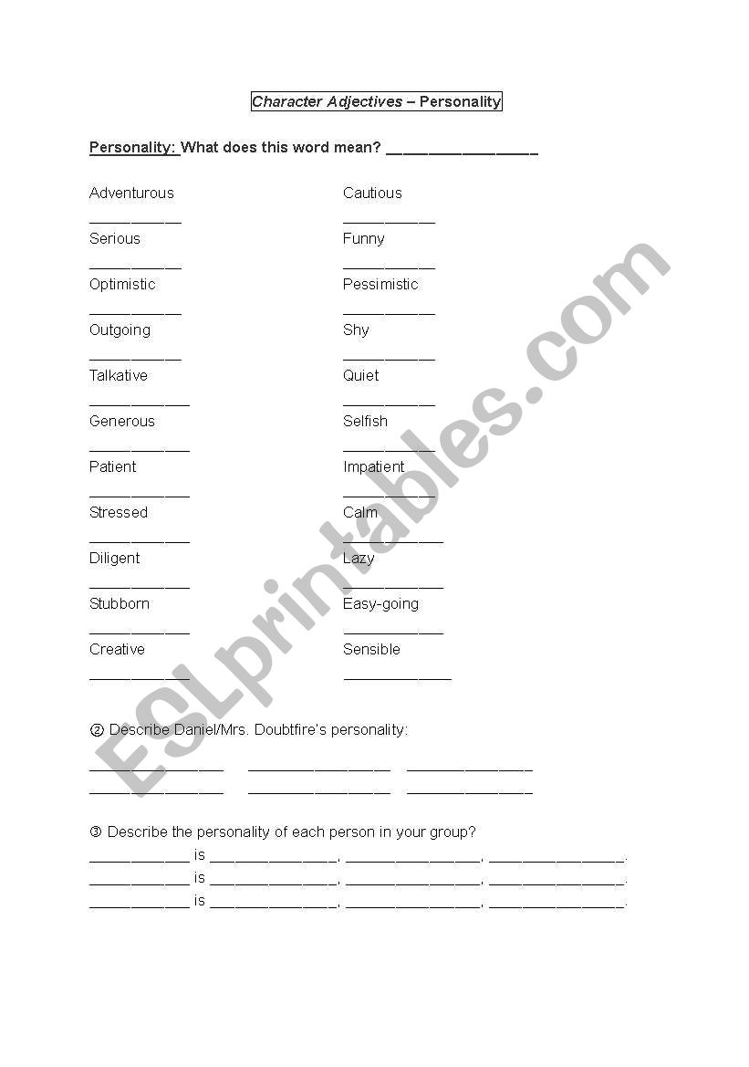 Personality Adjectives worksheet