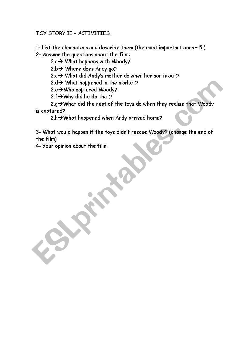 TOY story II worksheet