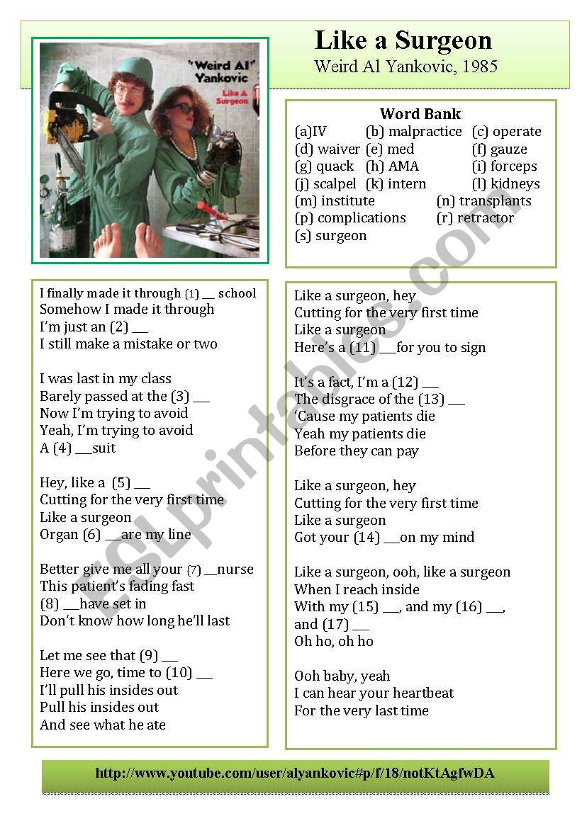 Like A Surgeon Weird Al worksheet