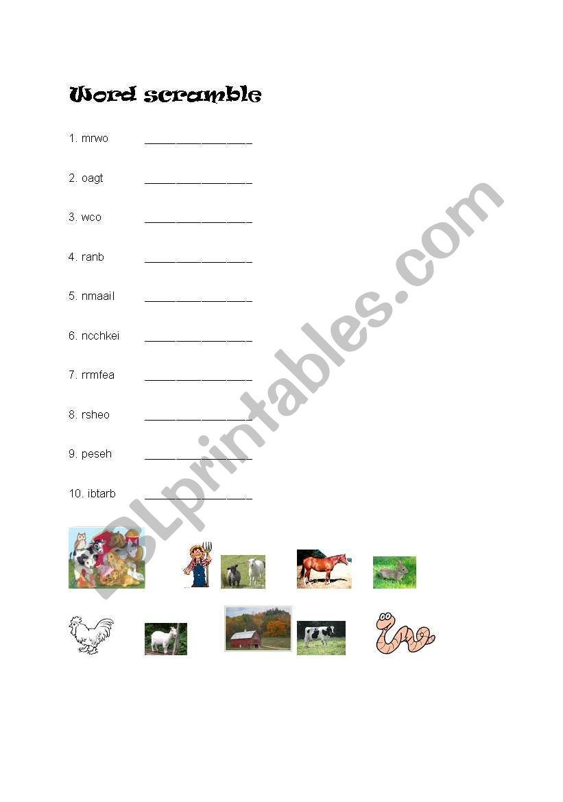 Farm animal word scramble worksheet