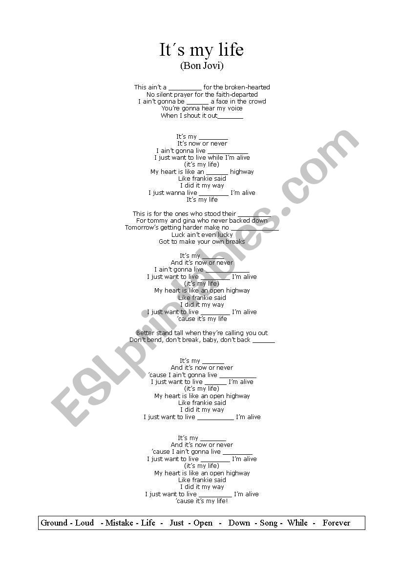 Its my life, by Bon Jovi worksheet