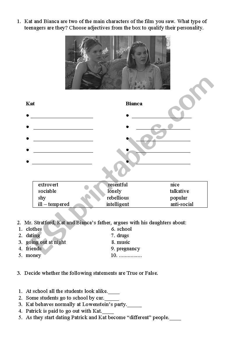 Ten Things I hate about you worksheet