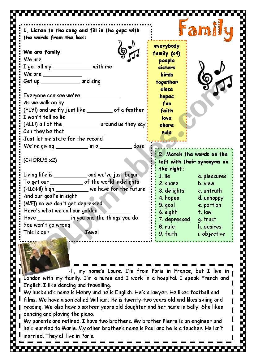 FAMILY - 2 pages + ANSWER KEY worksheet