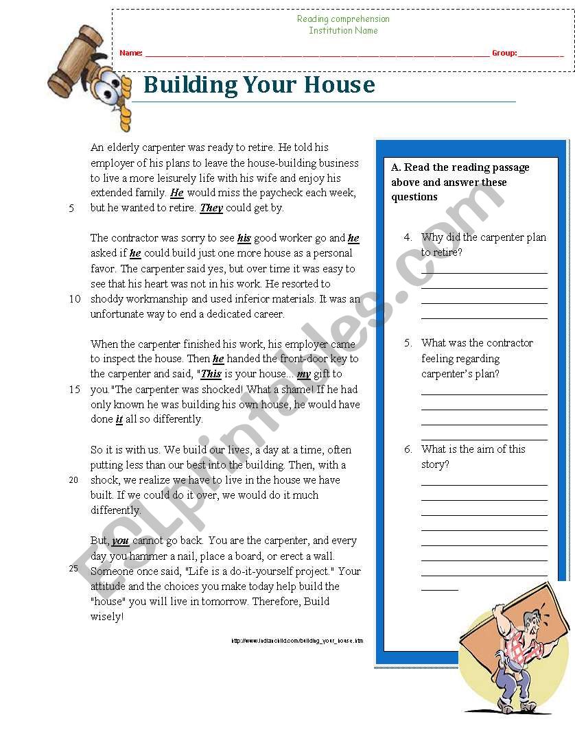 reading comprehension worksheet (Building a House, wise story)