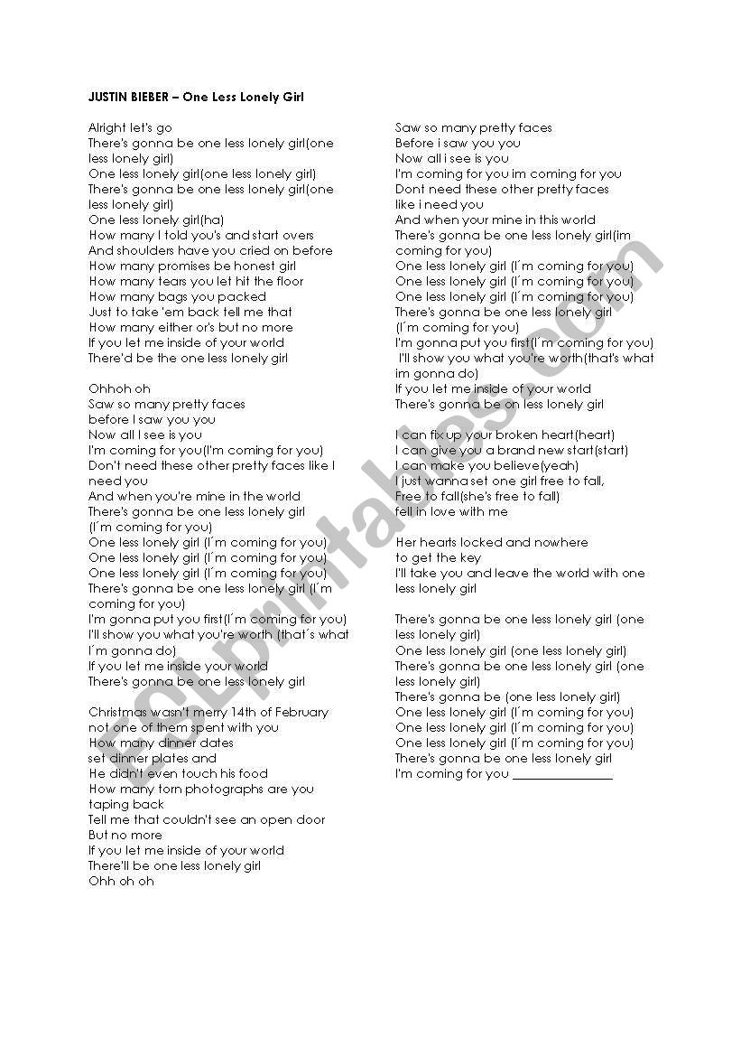 Justin Bieber - Song lyrics One less lonely girl