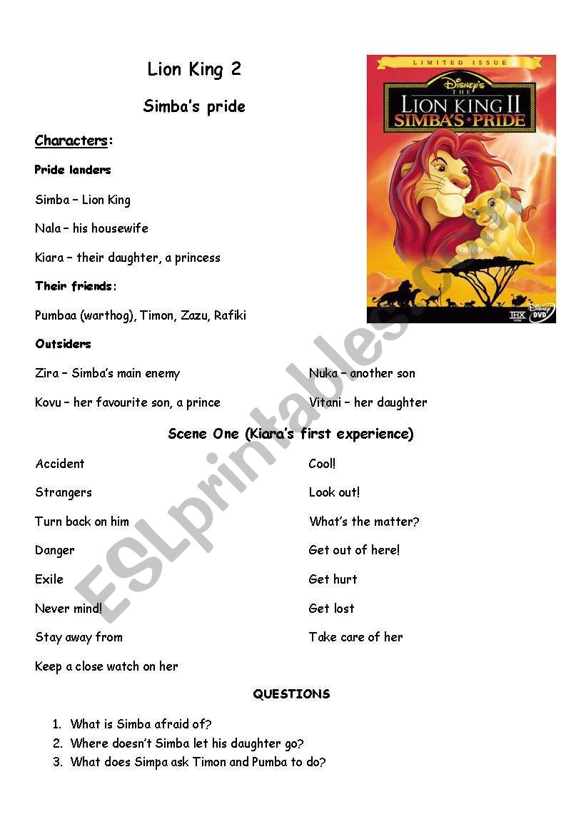 lion king 2 worksheet