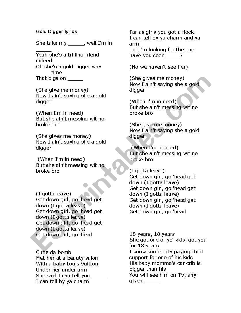 Glee Gold Digger Song worksheet