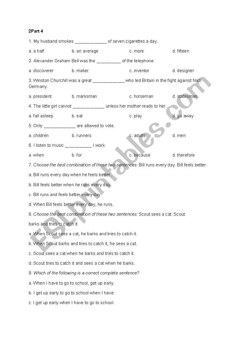 Vocabulary Test worksheet