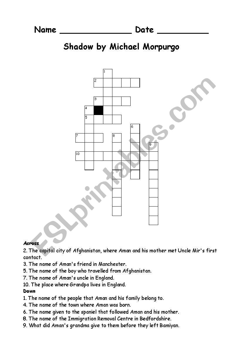Crossword starter of Shadow by Michael Morpurgo