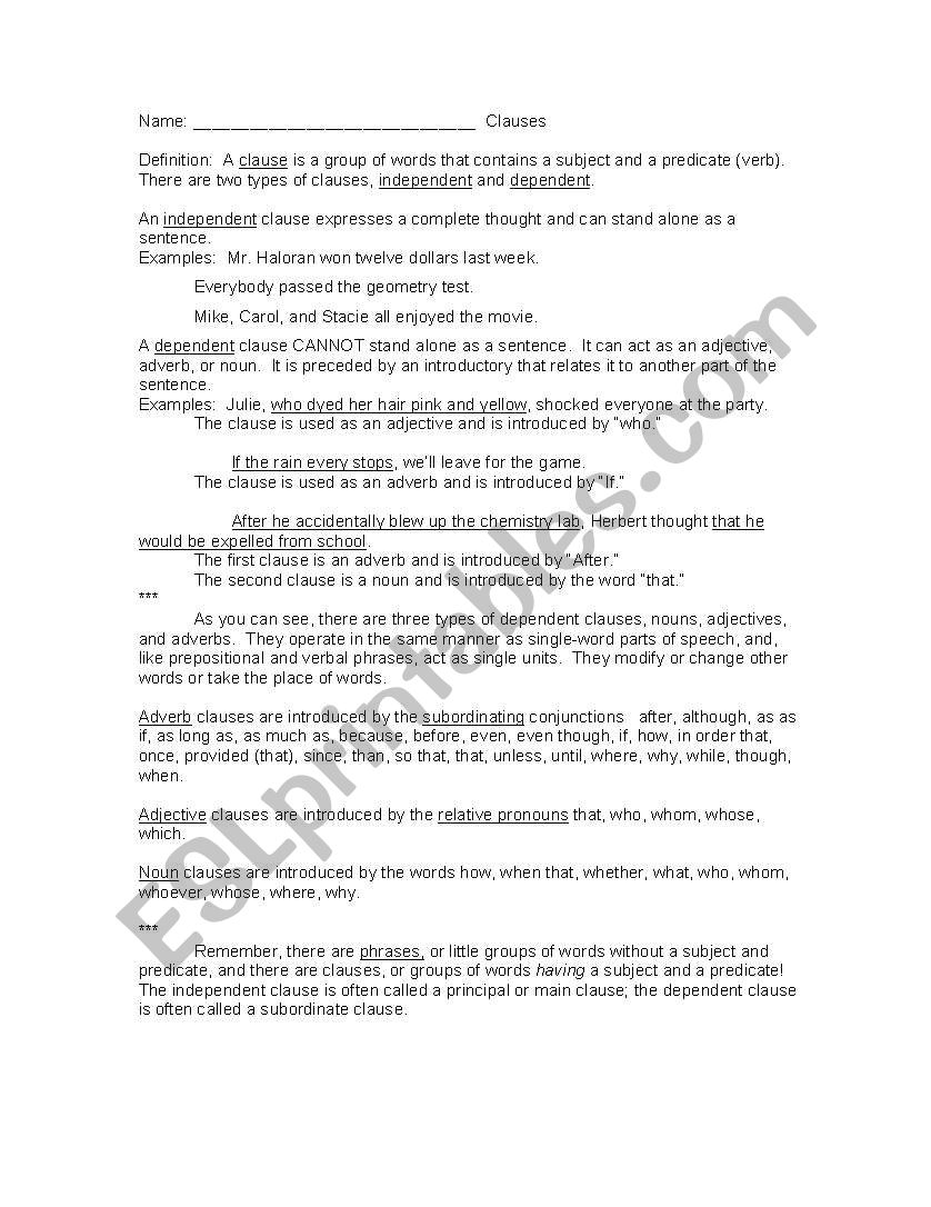 Clauses worksheet