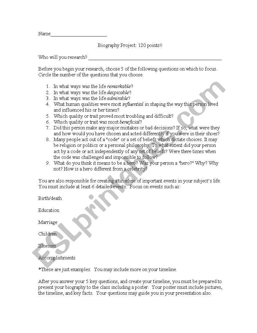 Biography Poster Project worksheet