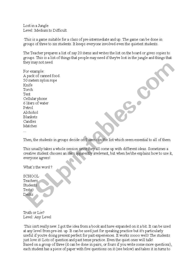 ESL classroom games worksheet