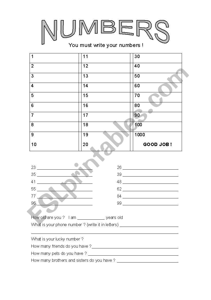 Numbers worksheet