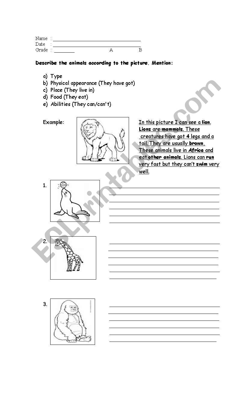 DESCRIBING ANIMALS worksheet