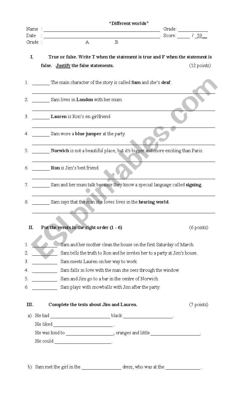 DIFFERENT WORLDS worksheet