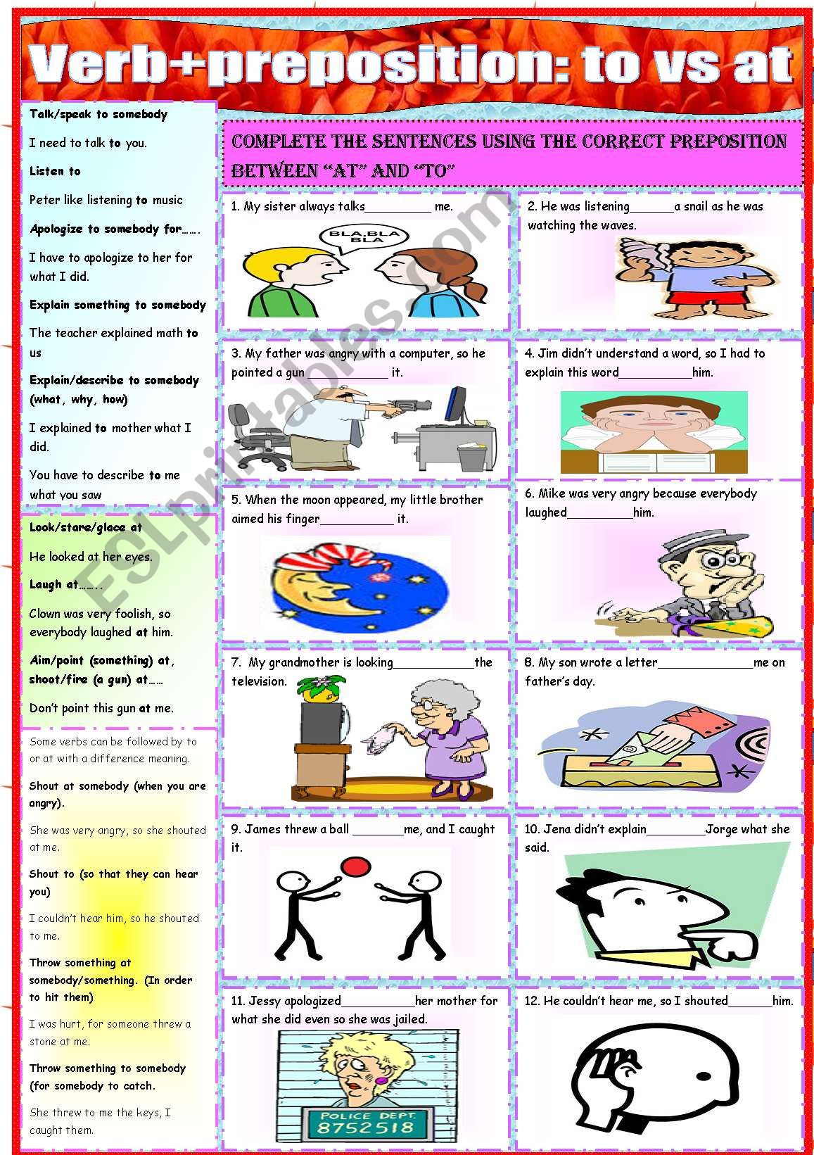 vebs + prepositions to vs at worksheet