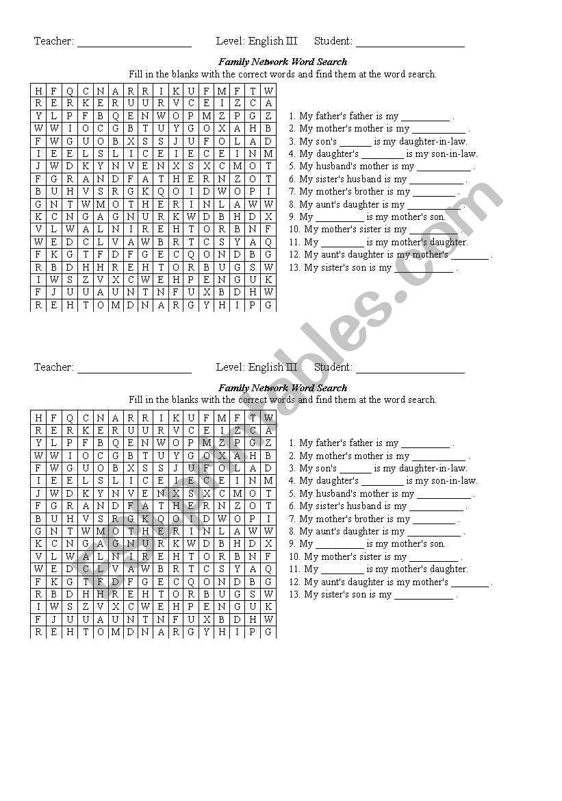 Family Word Search worksheet