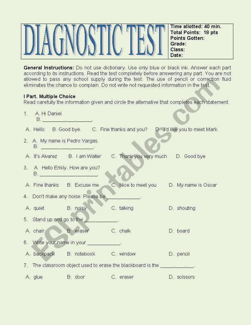 DIAGNOSTIC TEST worksheet