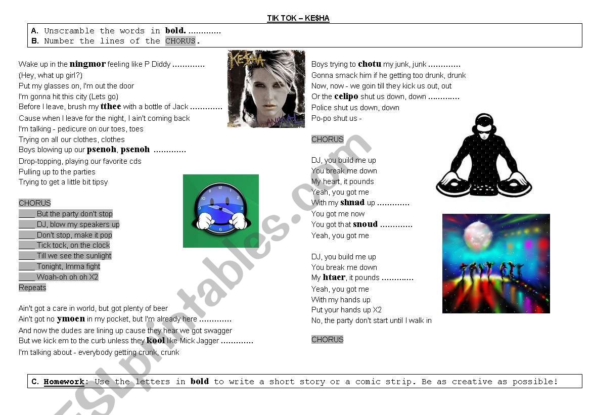 Tik Tok by Kesha- Worksheet worksheet