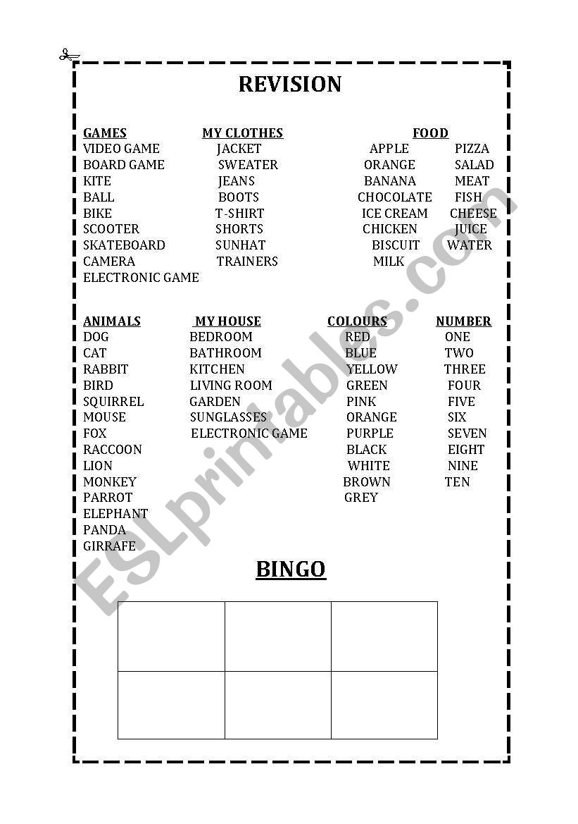 Bingo revision worksheet