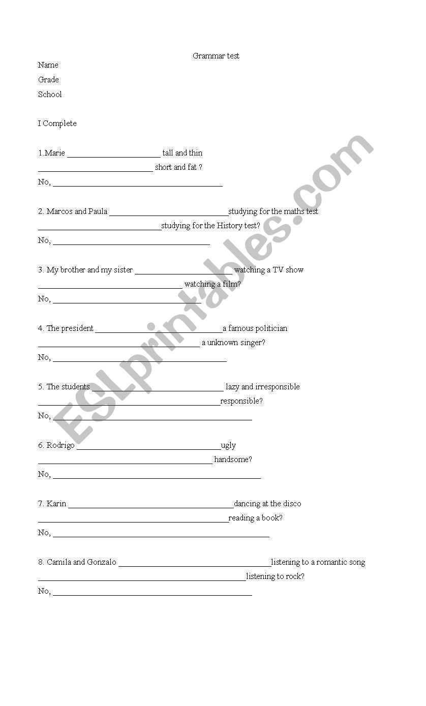 grammar test worksheet