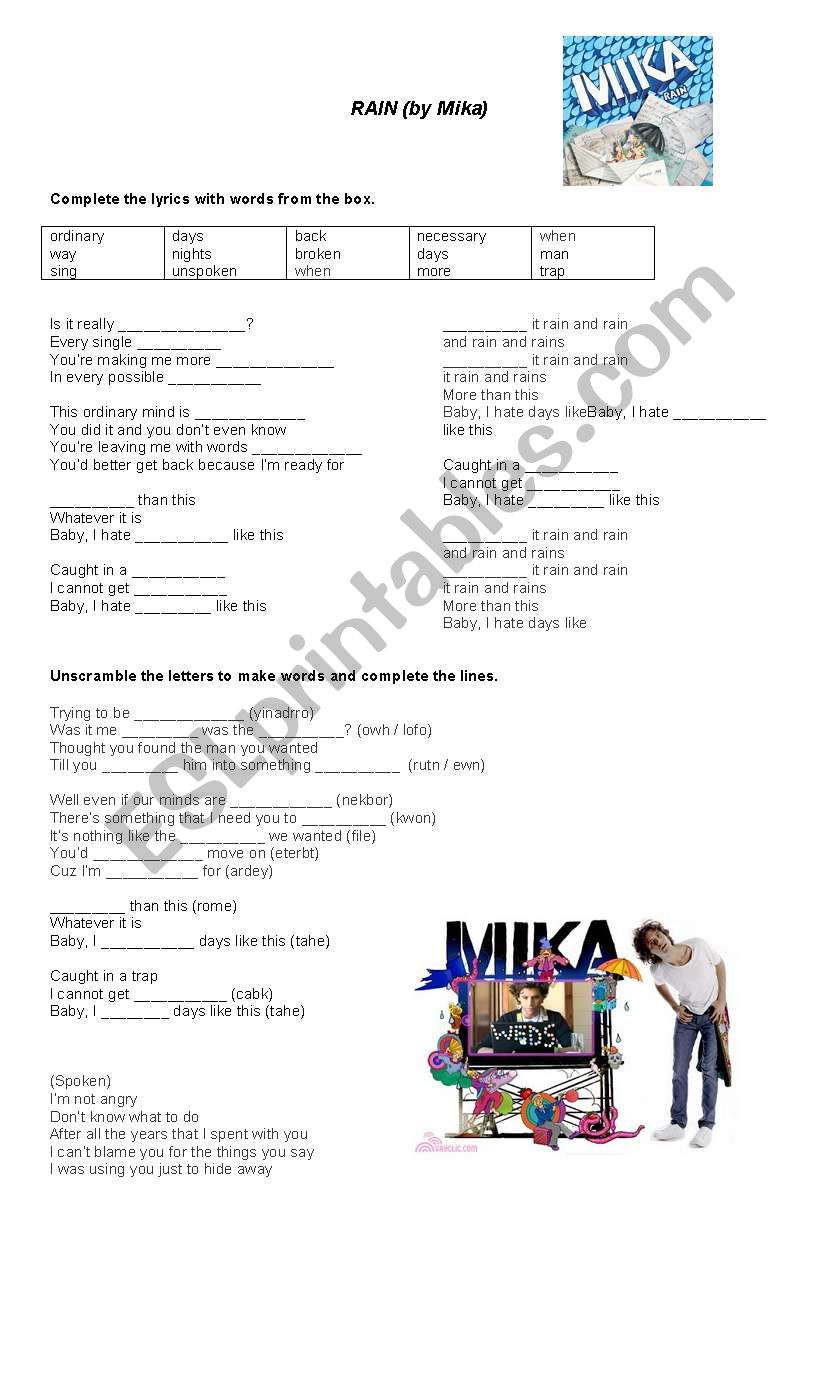 Rain by Mika - song worksheet