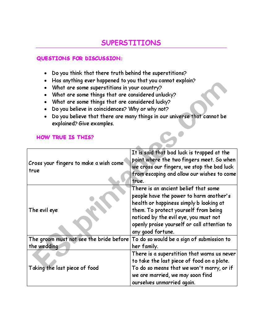 Superstitions worksheet