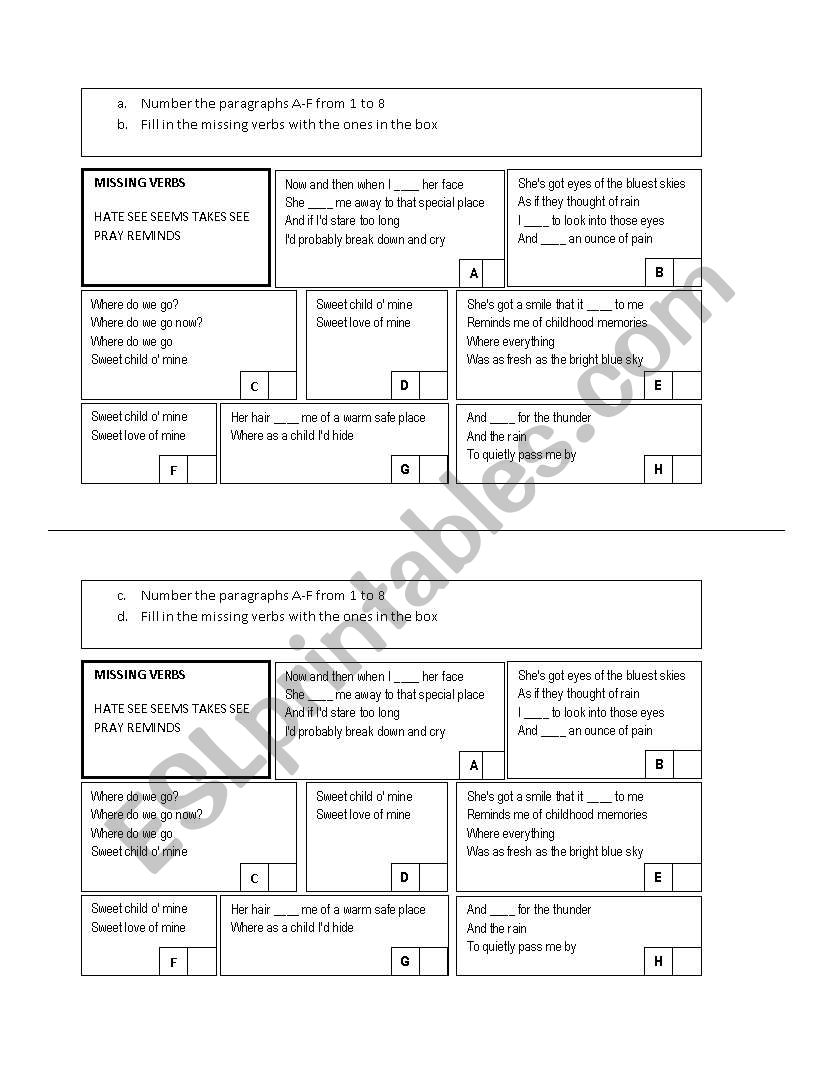 Sweet Child o mine worksheet