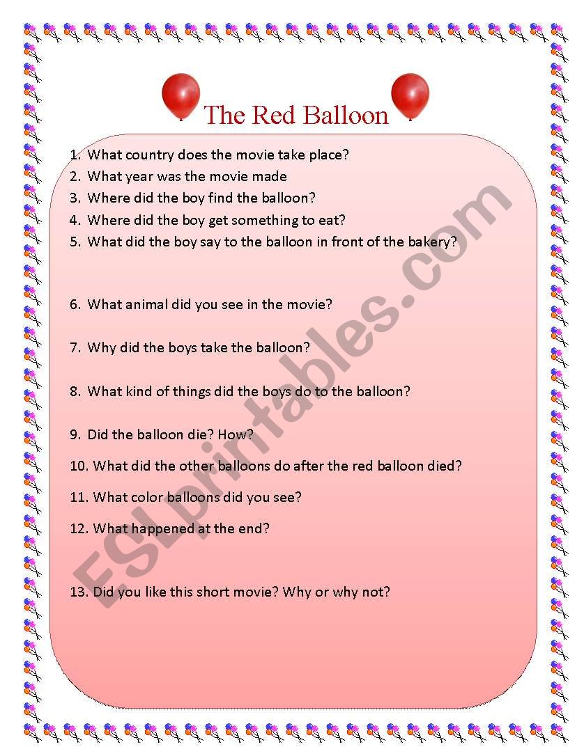 Red Balloon quiz worksheet