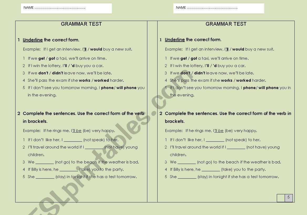 GRAMMAR TEST FIRST CONDITIONAL AND OTHERS