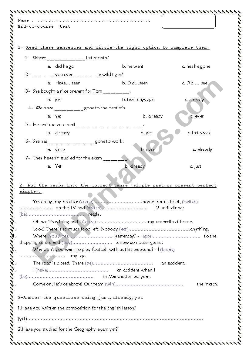 END OF COURSE TEST - A2+ / B1 worksheet