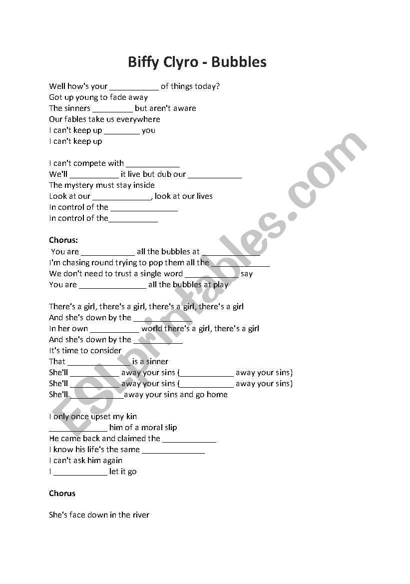 Biffy Clyro - Bubbles worksheet