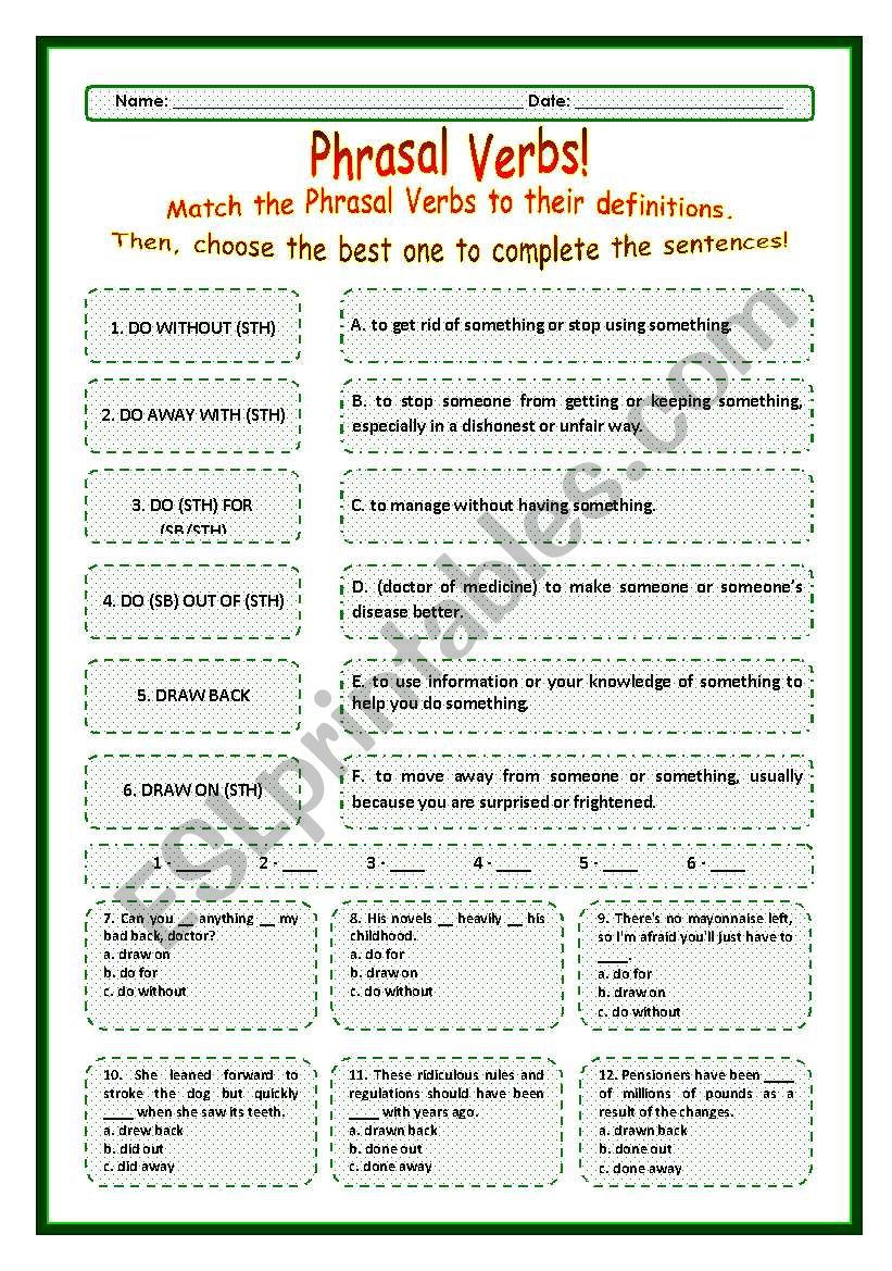 > Phrasal Verbs Practice 24! > --*-- Definitions + Exercise --*-- BW Included --*-- Fully Editable With Key!