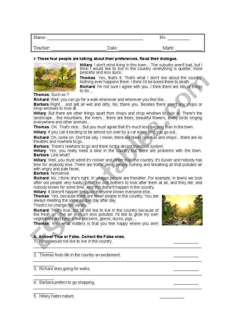 Countryside Vs City Life worksheet