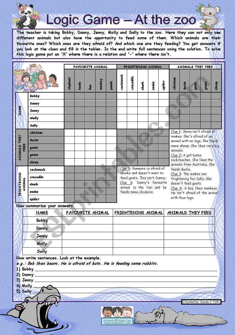 Logic game (13th) - At the zoo *** with key *** for elementary level *** created with WORD 2003