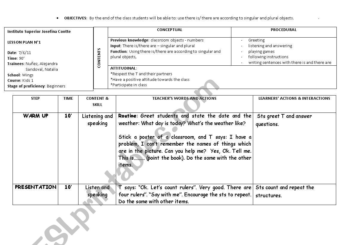 LESSON PLAN - THERE IS AND THERE ARE - SINGULAR AND PLURALS