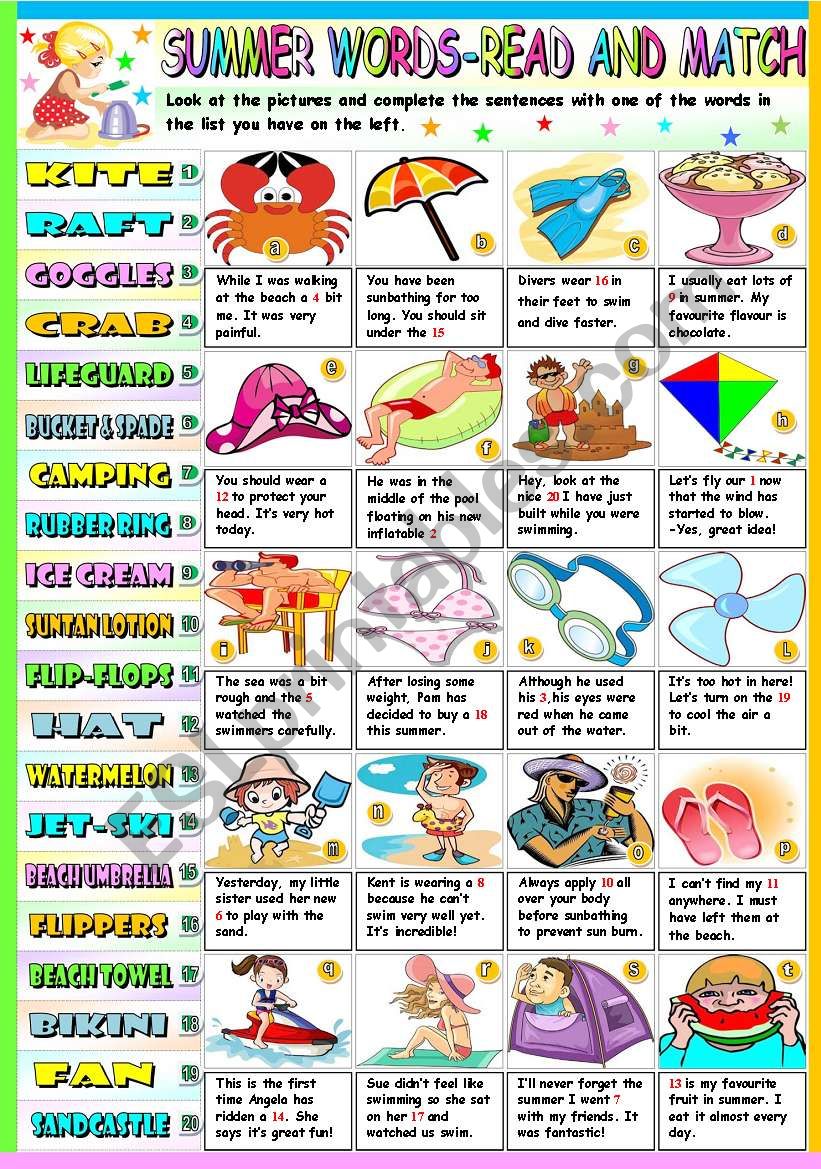 SUMMER WORDS-READ AND MATCH (KEY INCLUDED) - ESL worksheet by Katiana