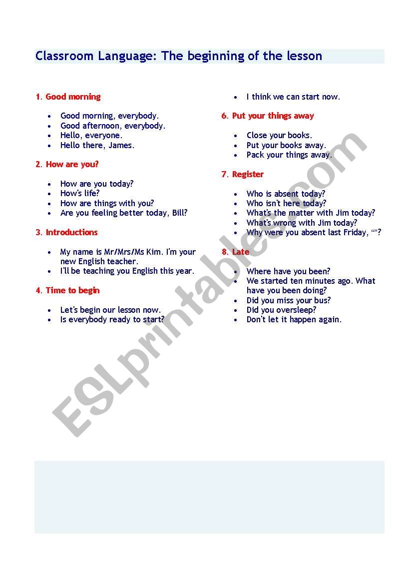 CLASSROOM LANGUAGE worksheet