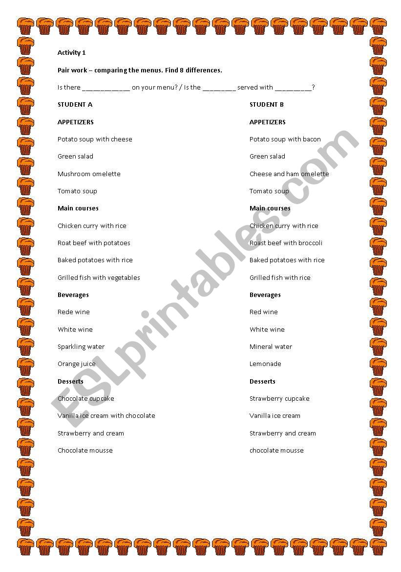 Menu / restaurant worksheet