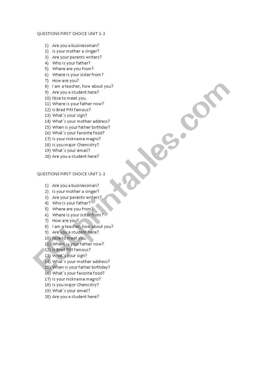 Beginners questions worksheet