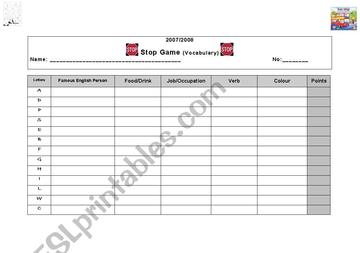 Game-STOP worksheet