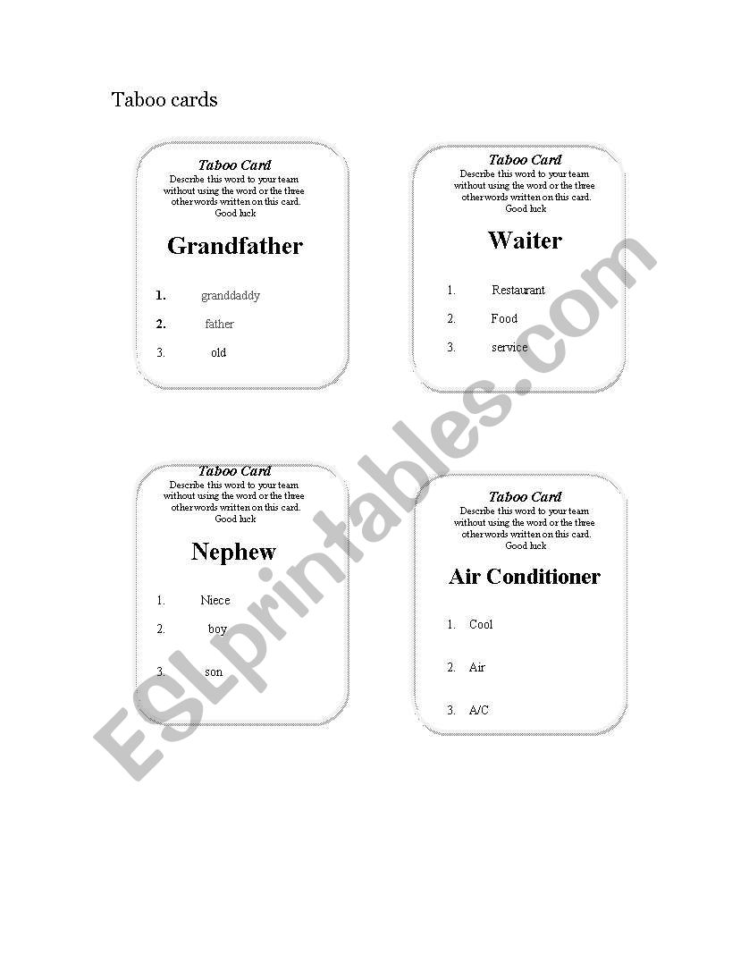 Taboo cards  worksheet
